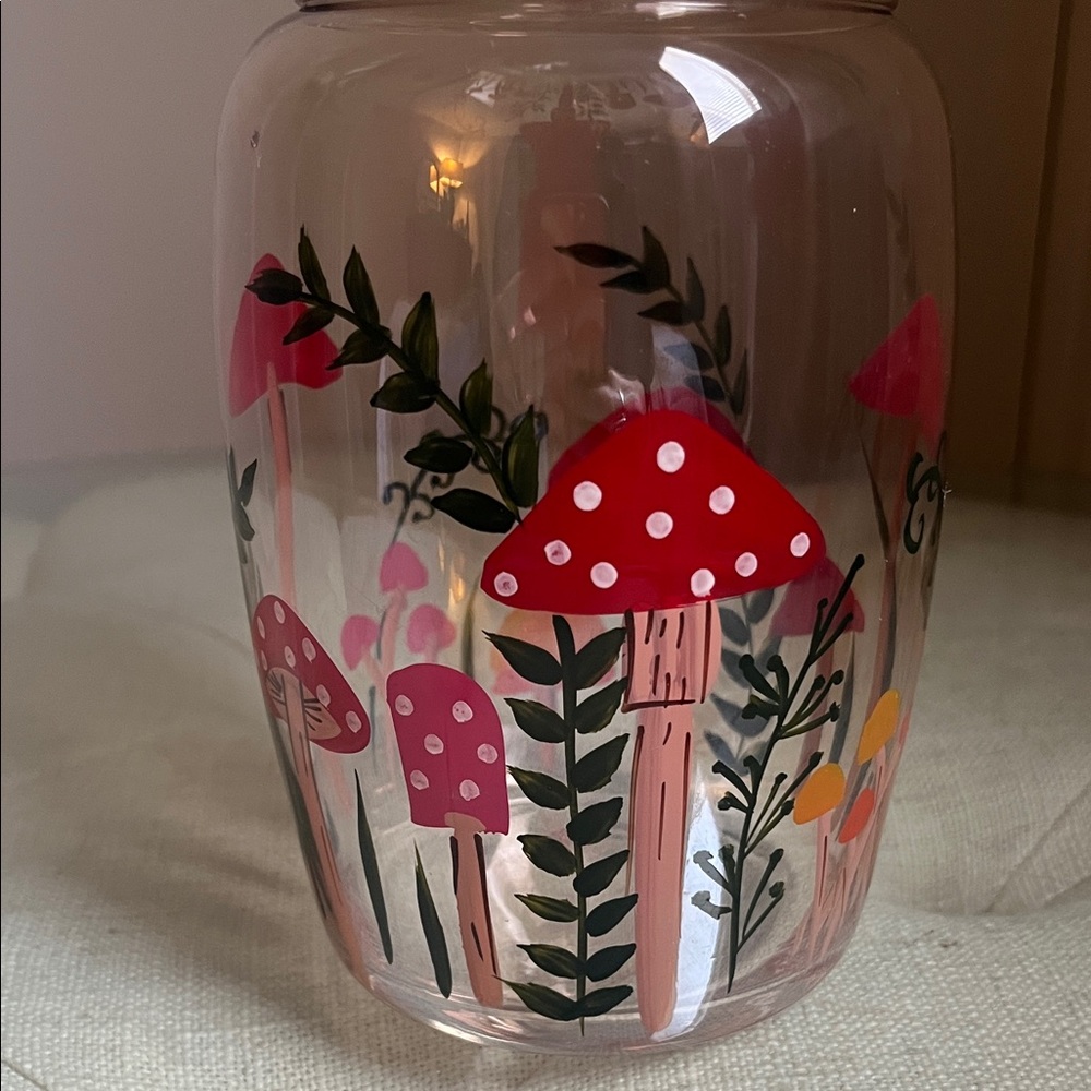 Mushroom and Botanical Hand Painted Glass Carafe Set Cottagecore Boho Retro - Picture 3 of 8